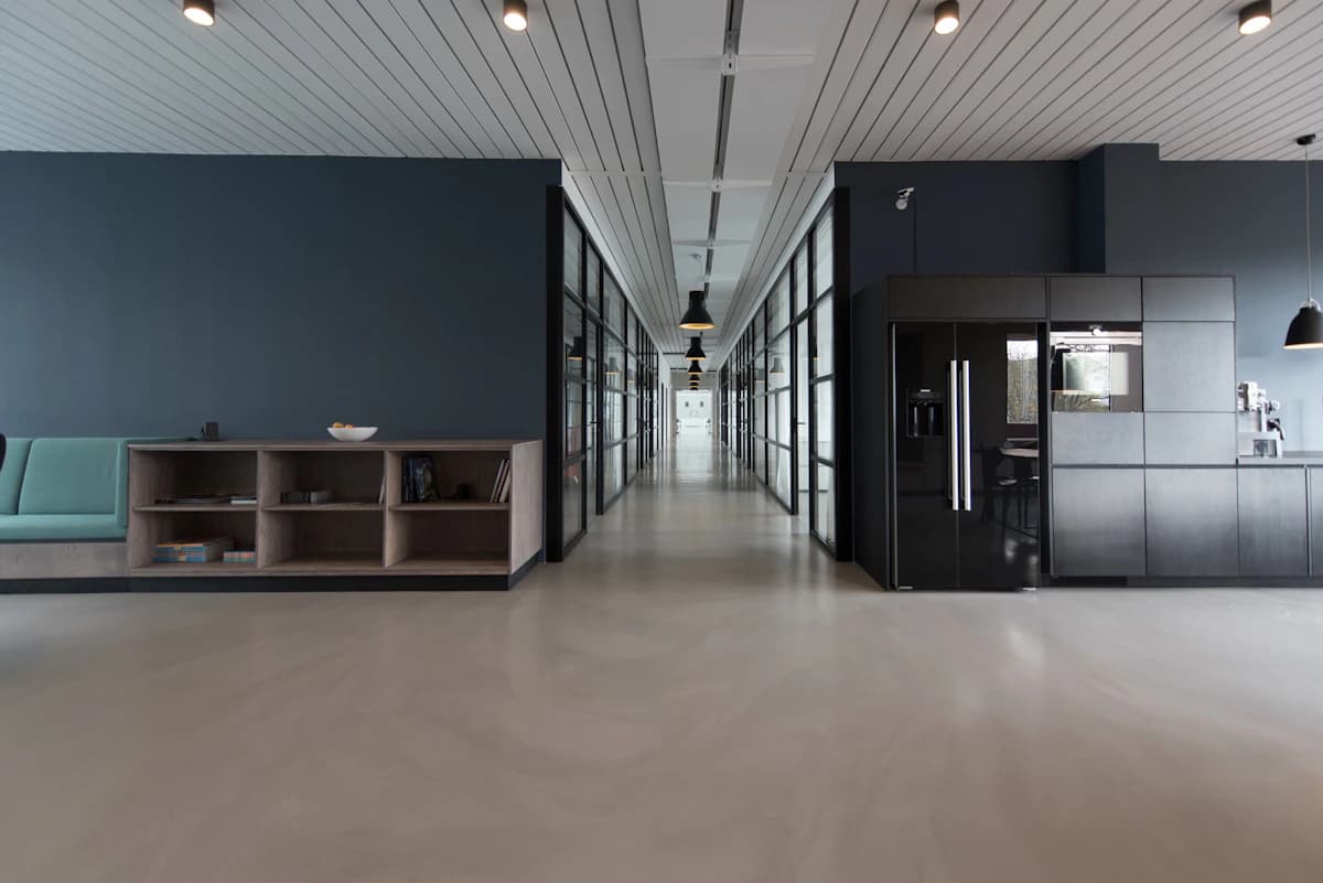 Modern commercial office space with clean surfaces and natural light